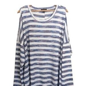 Lane Bryant Womens Plus 30/32 Blue Striped Cold Shoulder Waffle Knit Top Relaxed